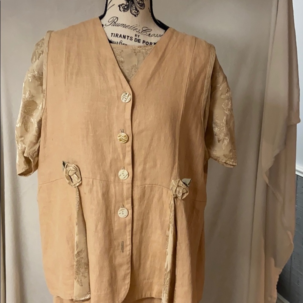 Cachaca  Linen, Three  piece Blouse, Skirt and Vest ensemble, VINTAGE  tan M